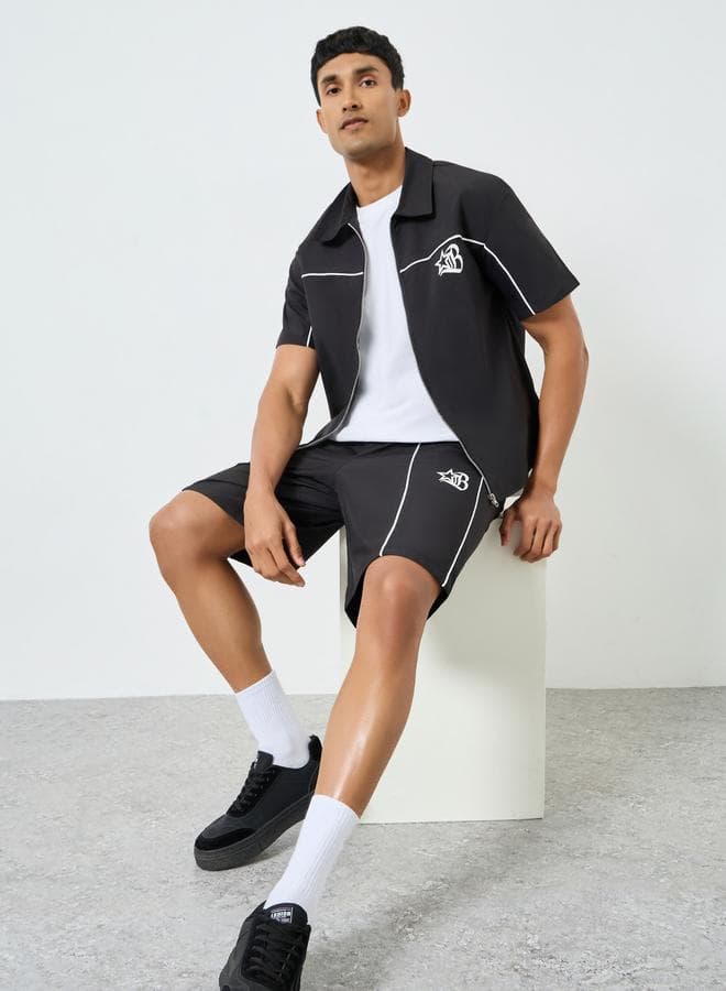 Men Black Graphic Zip-Up Jacket and Shorts Co-Ords