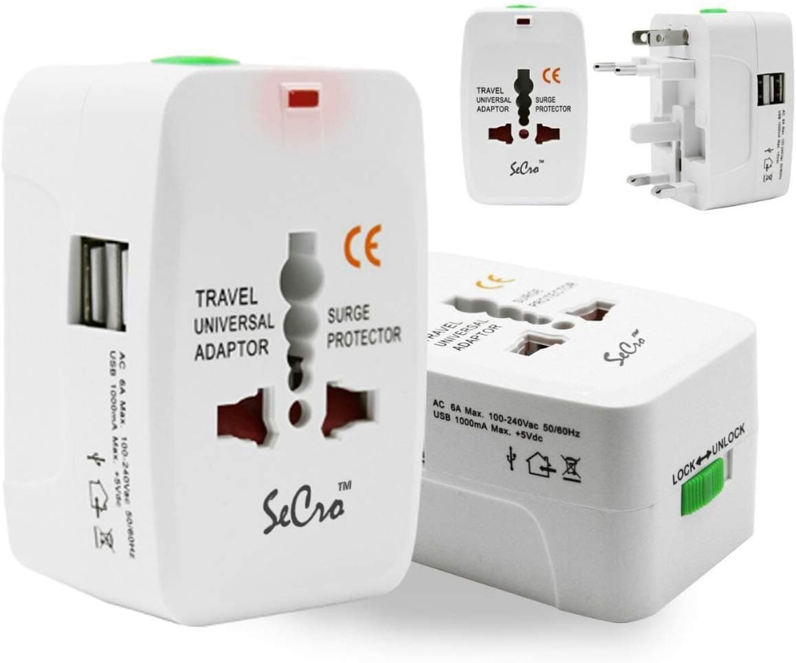 SeCro Universal Travel Adapter with Dual USB Charger Ports | Support 150+ Countries | All in One International Travel Charger with Surge Protector (Style A)