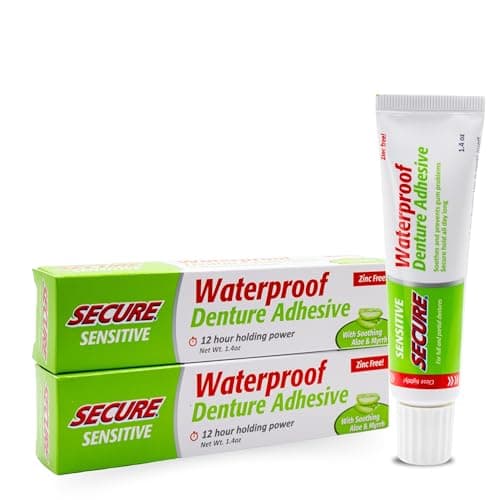 Secure Sensitive Denture Adhesive with Aloe Vera Myrrh 12Hour Max Hold Patented Waterproof Seal for All Denture Types Food Grade Ingredients FSA HSA Approved 14 oz