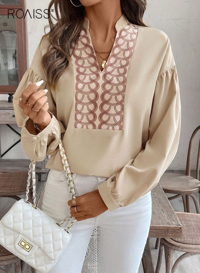 Retro Elegant Women's V-Neck Blouse, Stiff Collar Long-Sleeve Puff Sleeve Shirt, Ethnic Circular Pattern Decorative Print Patchwork Top, Apricot