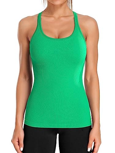 ATTRACO Workout Tank Tops for Women Ribbed Seamless Tops with Built in Bra Tight Fit Green