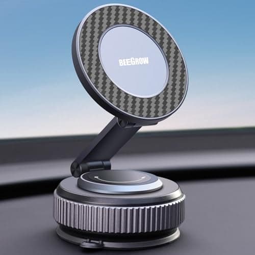BEEGROW Magnetic Car Phone Holder for Magsafe Alloy 360 Folding Cell Car Phone Mount with Ultra Stable Suction Cup and Reusable Gel Dashboard Windshield Stand for iPhone 1712 Android Pixel Samsung