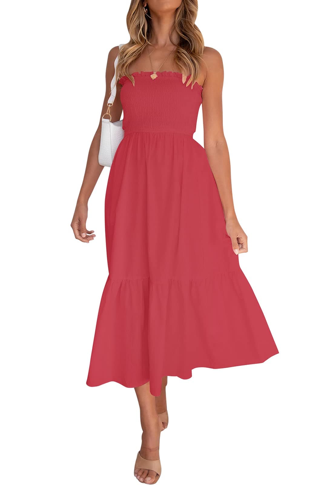 ZESICA Womens Summer Strapless Dress Off Shoulder Sleeveless High Waist Solid Color Beach Long DressesWatermelonLarge