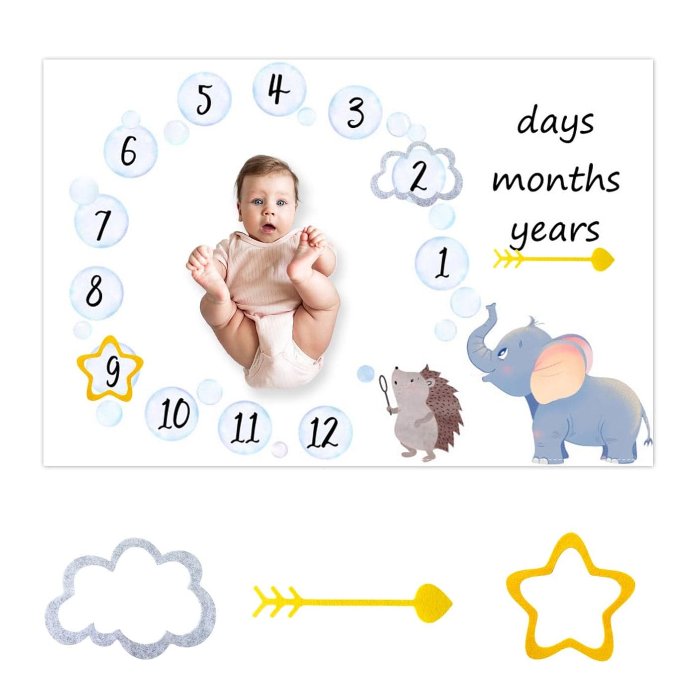 CSFOTO Elephant Hedgehog Monthly Milestone Blanket Newborn Growth Record Prop First Year Mat Baby Shower Photography Props 60x40 With Frames