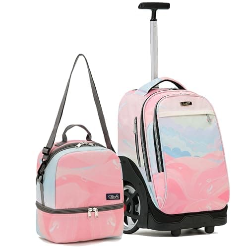 NEW TILAMI 19 Inch Wheeled Laptop Backpack with Lunch Bag Bookbag Roller Travel Bag College Women Men for School Travel, Pink