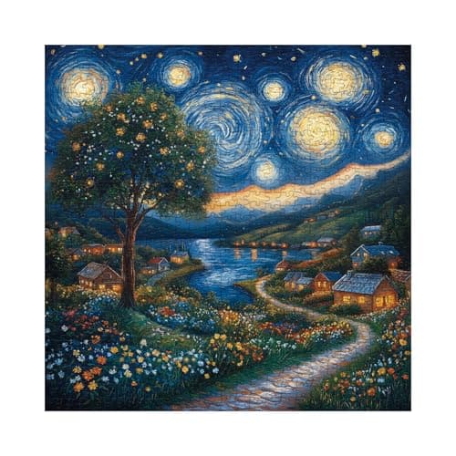 Art Starry Night Painting Puzzles for Adults 1000 Pieces Challenging Van Gogh Plant Tree Landscape Jigsaw Puzzles Aesthetic Nature Floral Wildflower Moon Cabin Puzzle