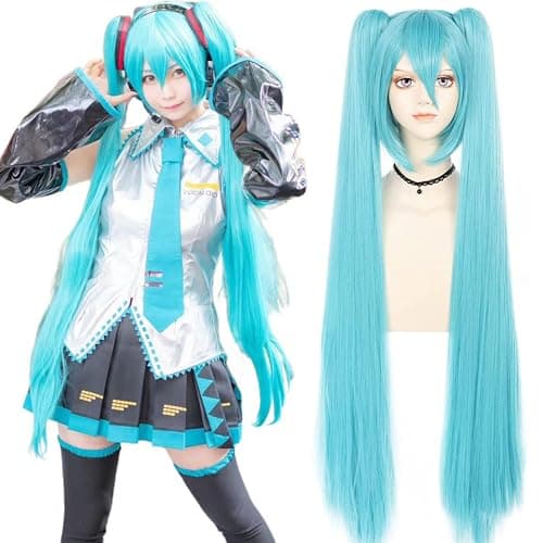 Blue Cosplay Wig for Women with Two Detachable Ponytail, 47 Inch/120cm Long Hair Long Straight Synthetic with Bangs for Halloween Costume Party Anime (Blue)