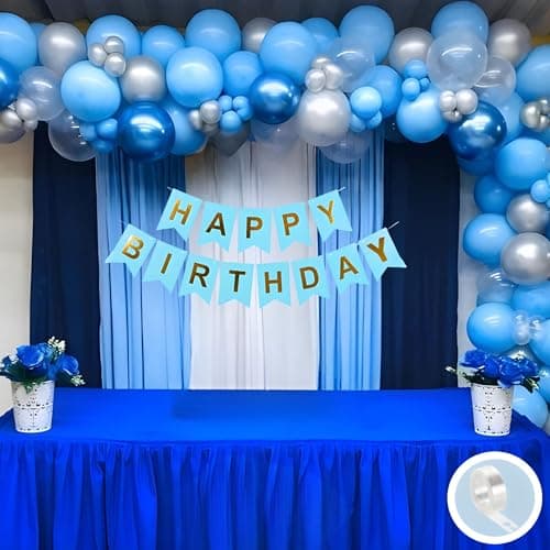 Flyloons Happy Birthday Decoration White and Blue Theme Combination for Boys Girls Kids Men Women | 30 Pcs White Silver Color Balloons | Happy Birthday Paper Banner | Arch Tape