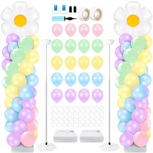 Kasyat 2 Sets Daisy Pastel Party Balloon Column Stand Kit Adjustable Groovy Balloon Arch Stand Kit for Macaron Boho Summer Daisy Floral Theme Easter Party Decoration