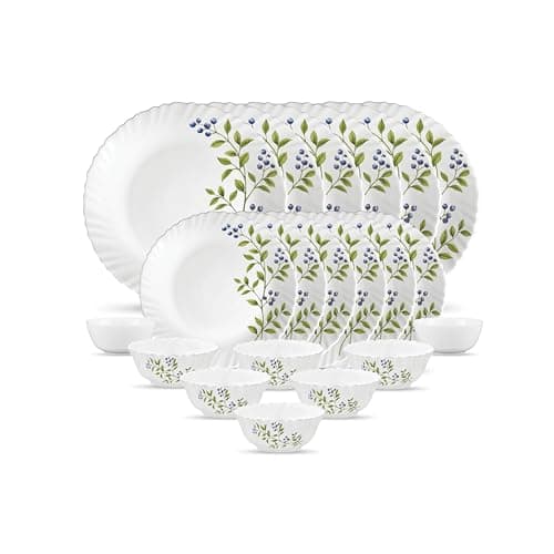 La Opala Novo Collection Opal Glass Crockery | for Family of 6 | Dinner Set 20 pcs Lush Greens | Plates & Bowls for Dining | Microwave Safe | 100% Vegetarian | Extra Strong | Light & White