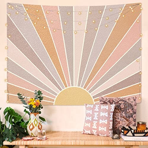 Kanuyee Boho Sun Tapestry Wall Hanging, Retro 70s Abstract Rainbow Aesthetic Sunrise Vintage Tapestries for Bedroom Living Room 68×90 inch