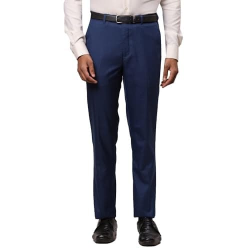 Raymond Men Slim Fit Formal Trousers, Structure Pattern, Polyester Blend, Mid Rise, Flat Front Office Wear | Dark Blue