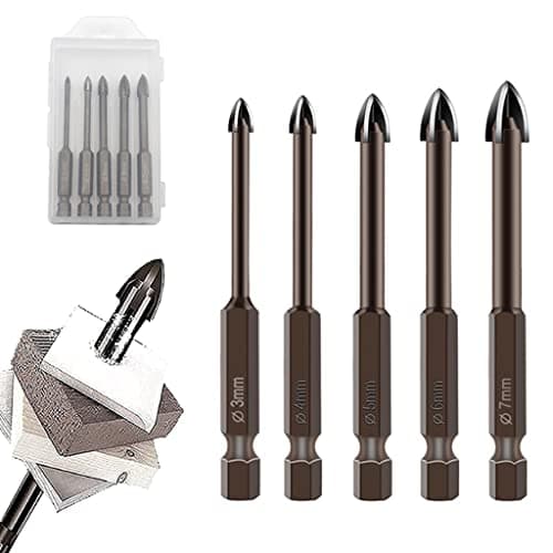 Serplex® 5Pcs Glass Tile Concrete Drill Bit Set, Multi-Function Triangle Cross Alloy Drill Bit Tip Tools, Hex Shank Tungsten Carbide Tip Drilling Tools for Glass, Ceramic Tile Wall, and Wood (3-7 mm)