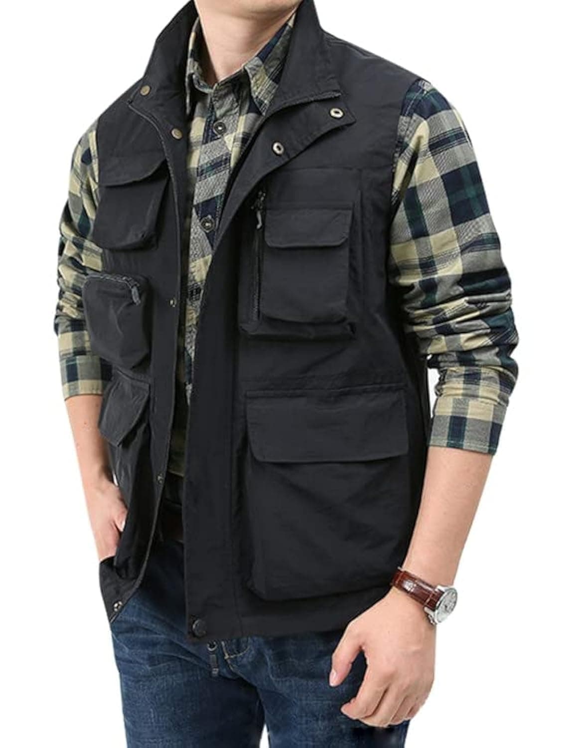 Yimoon Men’s Utility Fishing Vest Summer Lightweight Safari Travel Cargo Vest Outdoor Work Vests Multi Pockets(Black-M)