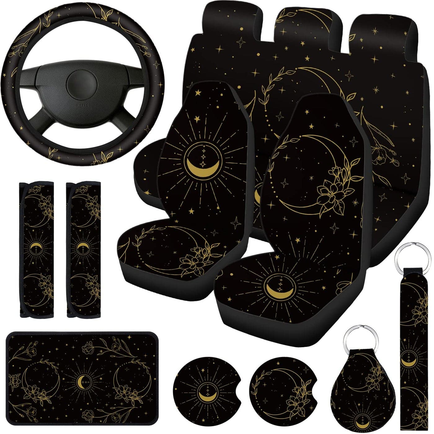 15 Pieces Moon and Stars Car Seat Cover Full Set for Women Men Upgrade Thick Car Front Seat Covers Universal Steering Wheel Cover Separate Headrest Cover Seat Belt Pads Flower Pattern
