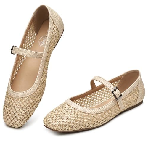 Trary Mary Jane Shoes Women Woven Flats for Women Ballet Flats Shoes Squared Toe Mary Jane Flats Ankle Strap Dressy Comfortable Beige Size 7