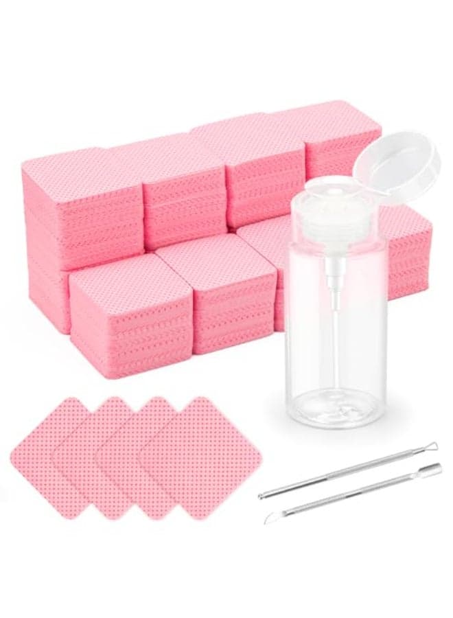 1080 3 Pcs Lint Free Nail Wipes Kit Disposable Nail Polish Remover Pads NonWoven Nails Eyelash Extensions Wipes Nail Polish Remover Wipes with 200 ML Bottle 2 Pcs Cuticle Pusher Pink
