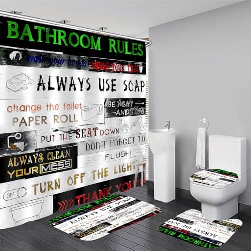 AZHM Letter Plank Pattern Shower Curtain Set for Bathroom 4 Pcs Black Bathroom Accessory Decor Sets with Shower Curtain and Rugs