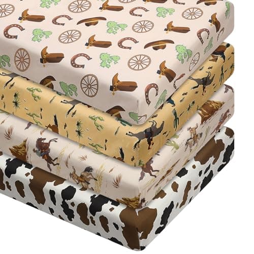 VitalCozy 4 Pcs Western Cowboy Crib Sheet Set Newborn Bedding Nursery Baby Sheets for Girl Boys Baby Gifts for Standard Crib and Toddler Mattresses 52 x 28 x 8 Inches