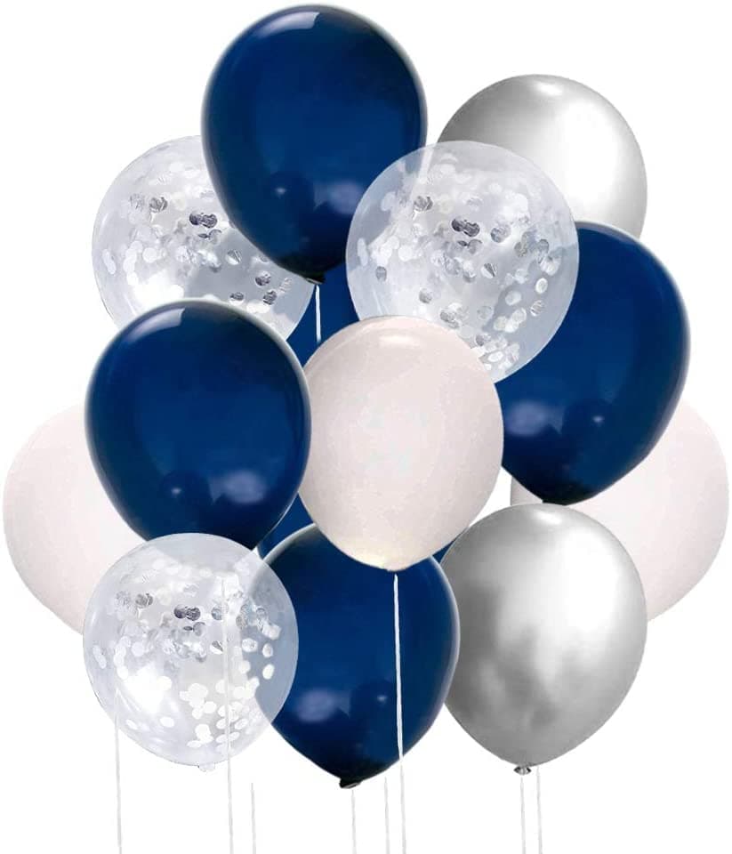 LAZYBEEE 50 Pcs 12 Inches Navy Blue Silver and White Balloons, Silver Confetti Balloons, Silver Metallic Chrome Balloons, Helium Balloons for Birthday Decorations Balloon Garland Arch Navy Graduation