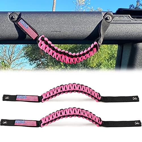 RERPRO Roll Bar Grab Handles for 2021 2022 2023 2024 2025 Ford Bronco 2 Door 4 Door Accessories Paracord Grip Handle with America Flag 2 Pack Pink