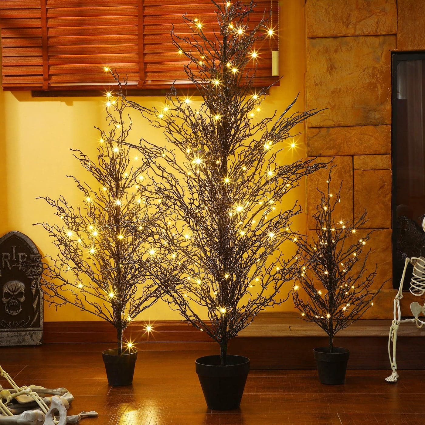 Giegxin Set of 3 Black Halloween Tree 4FT 3FT 2FT Realistic Artificial PreLit Twig Birch Tree with Lights Gothic Light up Black Twig for Indoor and Outdoor Porch Fall Decor