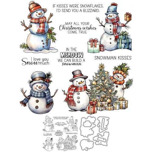 YIXUAN Cute Winter Snowman Christmas Tree Gifts Clear Stamp and Metal Cutting Dies Set with Plastic Package Envelope Bag for Card Making DIY Scrapbooking Supplies for Xmas Crafts Decor