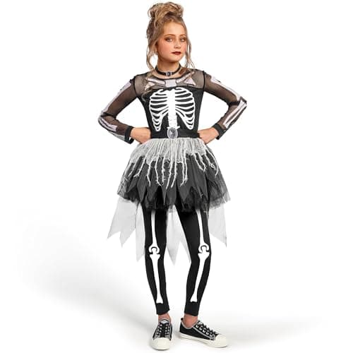 Spooktacular Creations Halloween Girls Skeleton Costume, Ghostly Skeleton Tutu Dress for Girls Halloween Dress Up, Role Play, Cosplay Party-M