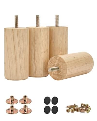 Btowin Solid Wood Furniture Legs, 4Pcs Modern Round Wooden Bun Feet Sofa Legs with Threaded M8 Hanger Bolts & Mounting Plate & Screws for Sofa Couch Cabinet Bed(4 inch /10cm,Varnish)