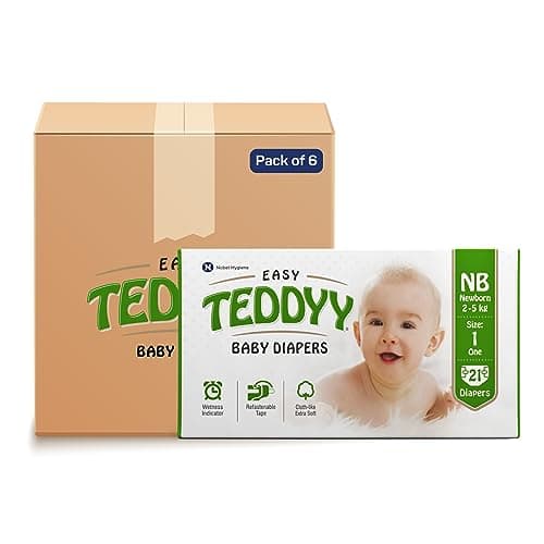 TEDDYY Baby Diapers Easy New Born 126 Count, 2-5 kgs, Long Lasting Absorption, Anti - Rash (21 count, Pack of 6)