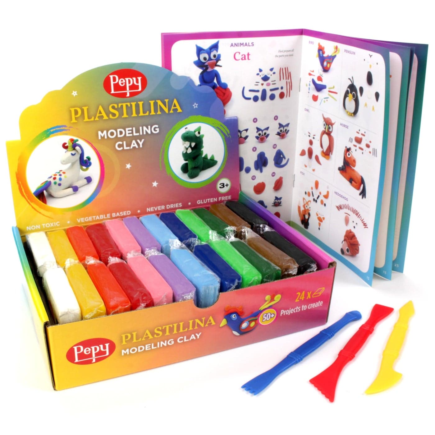 Pepy Plastilina Reusable and NonDrying Modeling Clay Gift Set of 24 Bars with Modeling Tools Tutorial 2 Each of 12 Colors 14 oz Bars Perfect for Arts and Crafts Projects