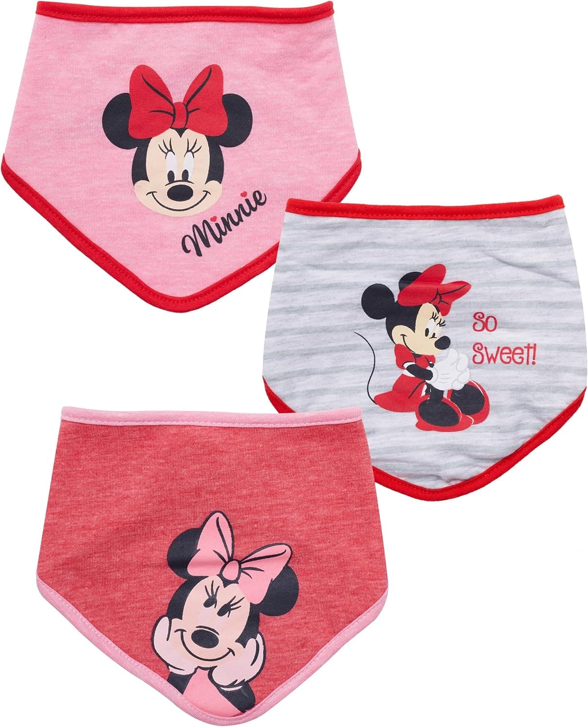 Disney Baby Girls Bandana Bibs 3 Pack Set for Feeding Teething and Drooling RedGreyPink