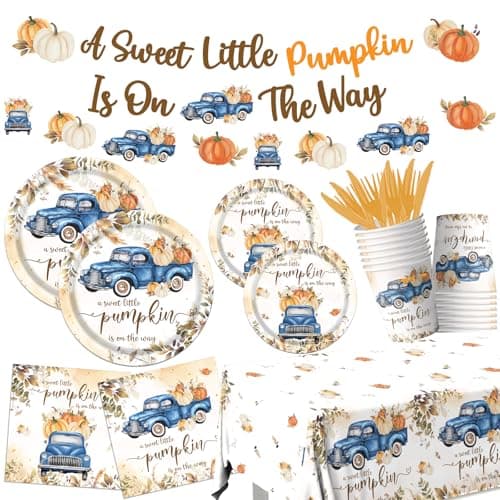 Little Pumpkin Baby Shower Decorations 142pcs A Sweet Little Pumpkin Is On The Way Banner Pumpkin Plates and Napkins Boy Blue Truck Boho Thanksgiving Fall Gender Reveal Baby Shower Party Supplies