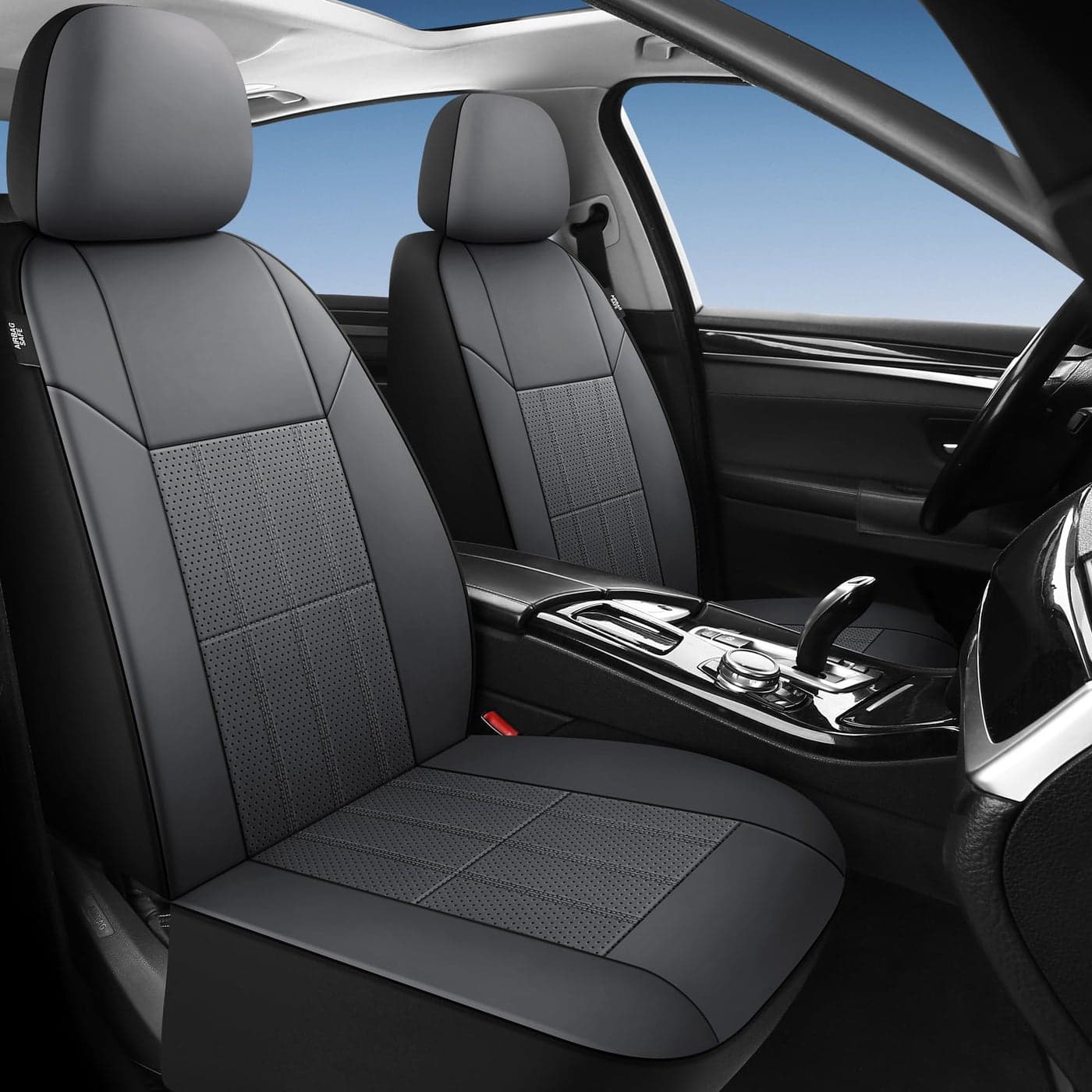 VarCozy Faux Leather Car Seat Covers Front Pair Universal Front Seat Covers for Car Breathable Seat Covers for SUV Sedan Van Premium Automotive Interior Covers Airbag Compatible Grey