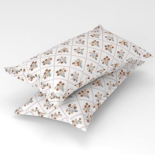 Homefab India 2 Piece Printed Glace Cotton Pillow Covers - Beige, Floral
