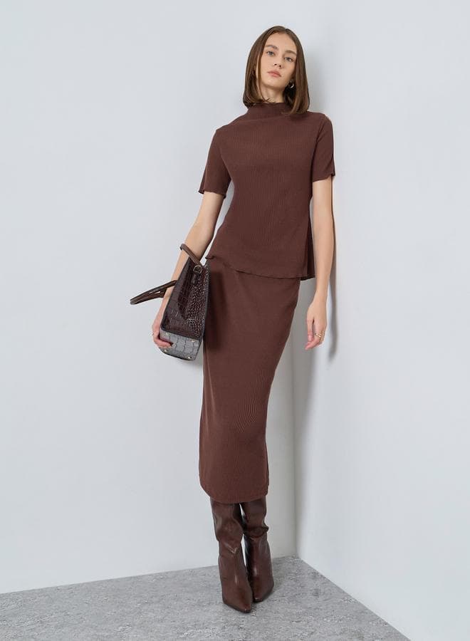 Brown Ribbed Knit Top and Skirt Co-ords