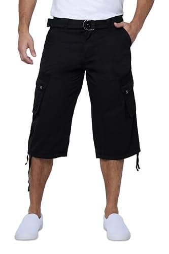 X RAY Men's Belted Long Cargo Shorts for Men, Below Knee Length Mens Cargo Shorts, 3/4 Pants (Big and Tall Shorts for Men) Black 32