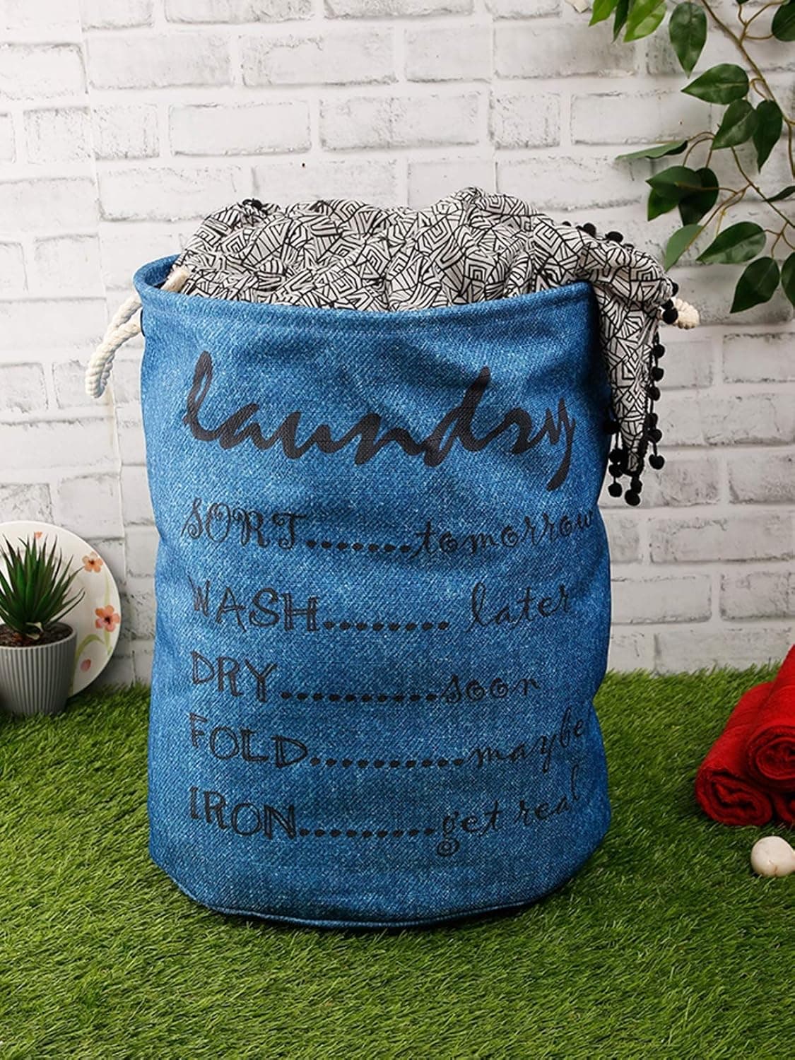 ROMEE Polyester Slub Printed Laundry Basket for Clothes Foldable Laundry Bag and Storage Container 48 cm x 37 cm LNDR022
