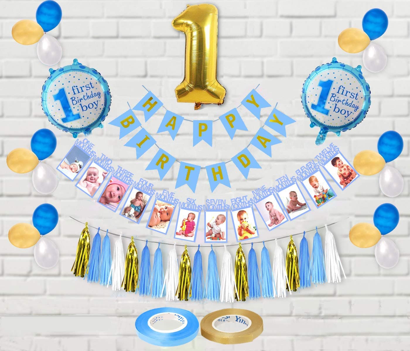 AMFIN® First Birthday Decoration boy Items for Boys - Month Photo Banner, 1 No. Foil Balloon, First Birthday Decorations Items for Boys Boy Foil Balloon (Blue Golden White)
