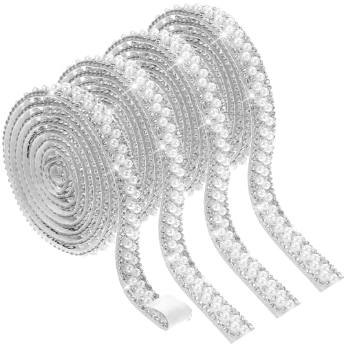 4 Rolls Pearl Adhesive Strips Self Adhesive Crystal Rhinestone Tape Pearl Wrap Roll Stickers Bling Rhinestones Strand Pearls Strips Trim for DIY Crafts Wedding Birthday Party Decoration