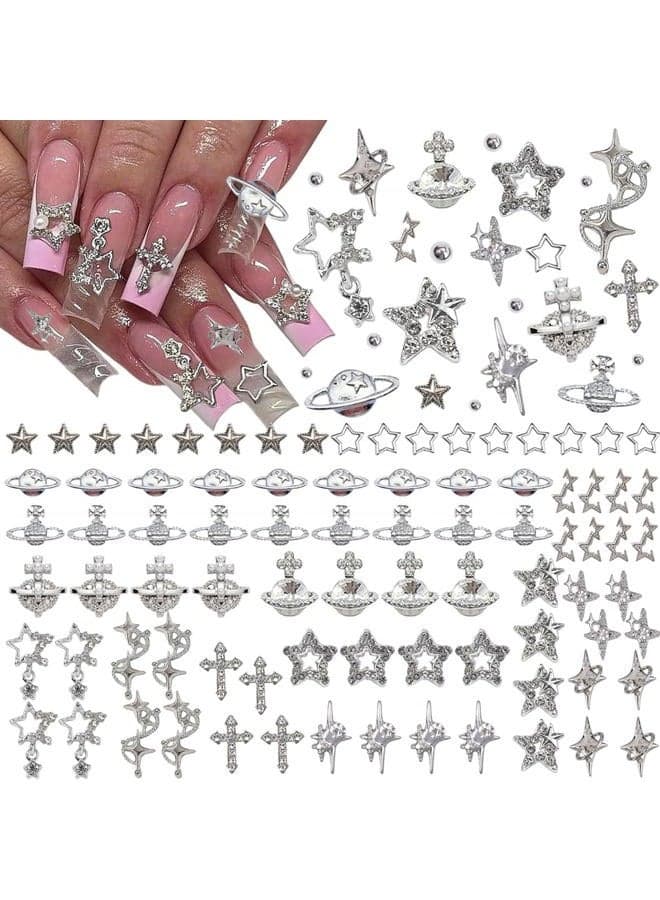 120+ Pcs Star Nail Charms Inlaid Rhinestones Gems, Silver Star Planet Cross Nail Art Decorations Shiny Jewelry for Acrylic Nail Accessories for Women Girl Manicure DlY Crafts Supplies