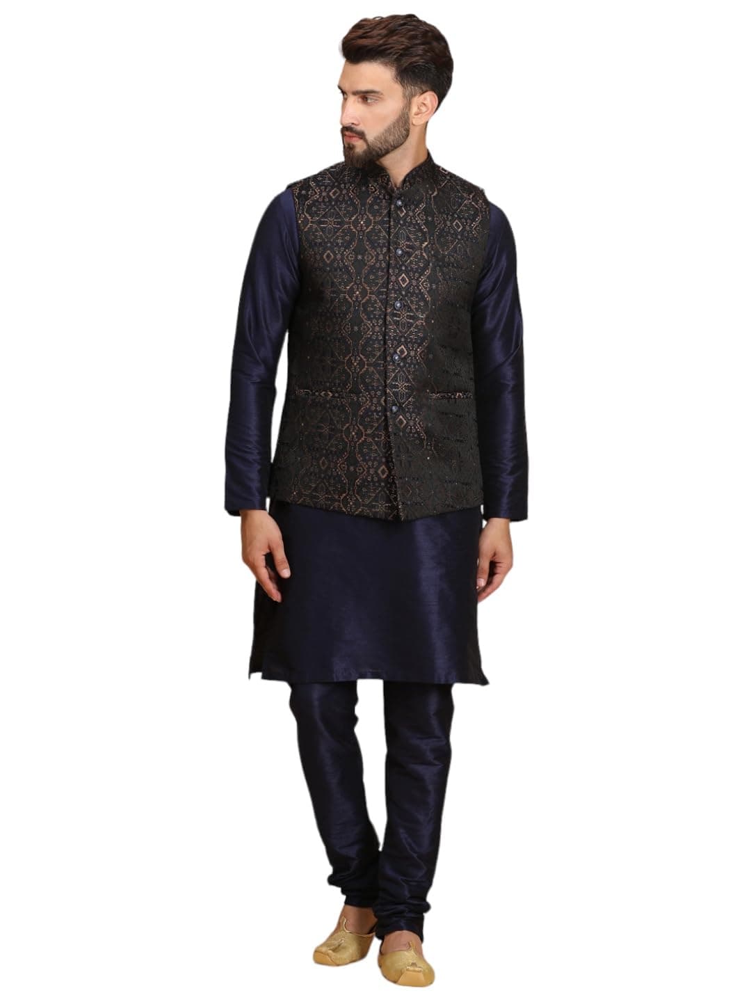 Ethluxis Silk Blend Solid Men's Kurta Set With Nehru Bandhgala Jacket (42, Navy/Navy)