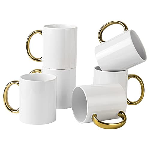 BYCNZB 12 oz Set of 6 White Mugs Sublimation Blank Mugs DIY Coated Ceramic Mugs for Coffee Tea latte Cappuccino Cocoa or DIY Gifts WhiteGold