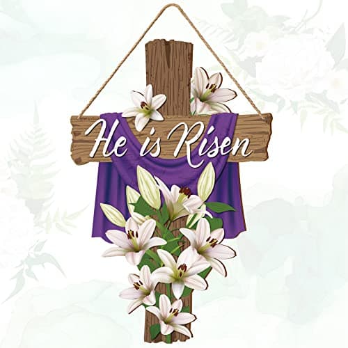 Queekay Easter He Is Risen Wreath for Front Door Religious Easter Decoration Spring Wooden Cross Door Sign Hanging Sign Christian Floral Decor for Farmhouse Front Porch Party Supplies