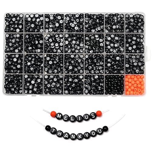 Melius Acrylic Letter Beads, 1450 Pcs Round Alphabet Beads in 28 Grid Box for Jewelry Making, DIY Friendship Bracelets, Necklaces, Key Chains (4x7mm, Black)