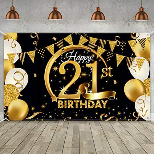 Birthday Party Decoration Extra Large Fabric Black Gold Sign Poster for Anniversary Photo Booth Backdrop Background Banner Birthday Party Supplies 728 x 433 Inch 21st