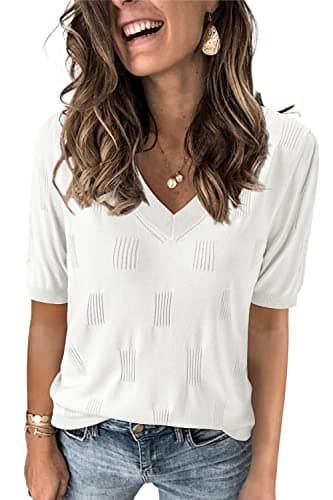 Arach&Cloz Women's Summer Fall Tops 2025 Short Sleeve Plus Size Sweaters V Neck Trendy Fashion Clothes Dressy Cute Casual Outfits Business Work Blouse Lightweight Shirts Clothing Beige Off White M