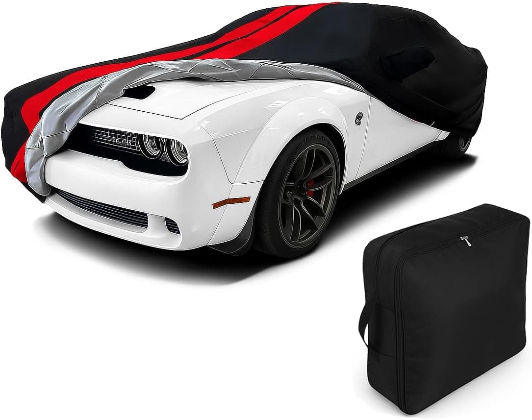 Ultraguard Plus Car Cover for 2008-2023 Dodge Challenger - Water Resistant, Custom Fit, Black with Red Stripes