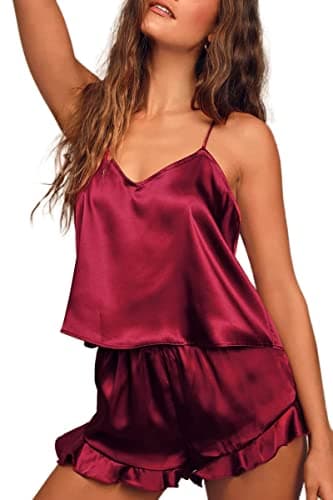 Ekouaer Satin Pajama Set for Women Silk Pjs for Women Set Camisole Top and Shorts with Ruffle Sleepwear Wine Red