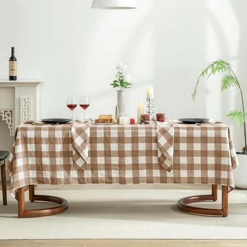 EVERLY 100% Yarn-Dyed Linen Rectangle Tablecloths 60x108Inches for Dining,Buffet Parties,Picnic,Events and Restaurants,Decorative Halloween,Thanksgiving Machine Washable Tablecloths-Brown Plaid
